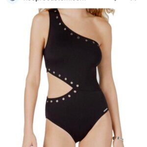 Michael Kors Side Cut Out One Shoulder Black Grommet Swimsuit Grunge Luxe 10